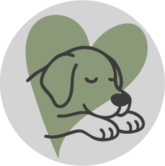 Icon von einem Schlafenden Hund, im Hintergrund ein Herz
