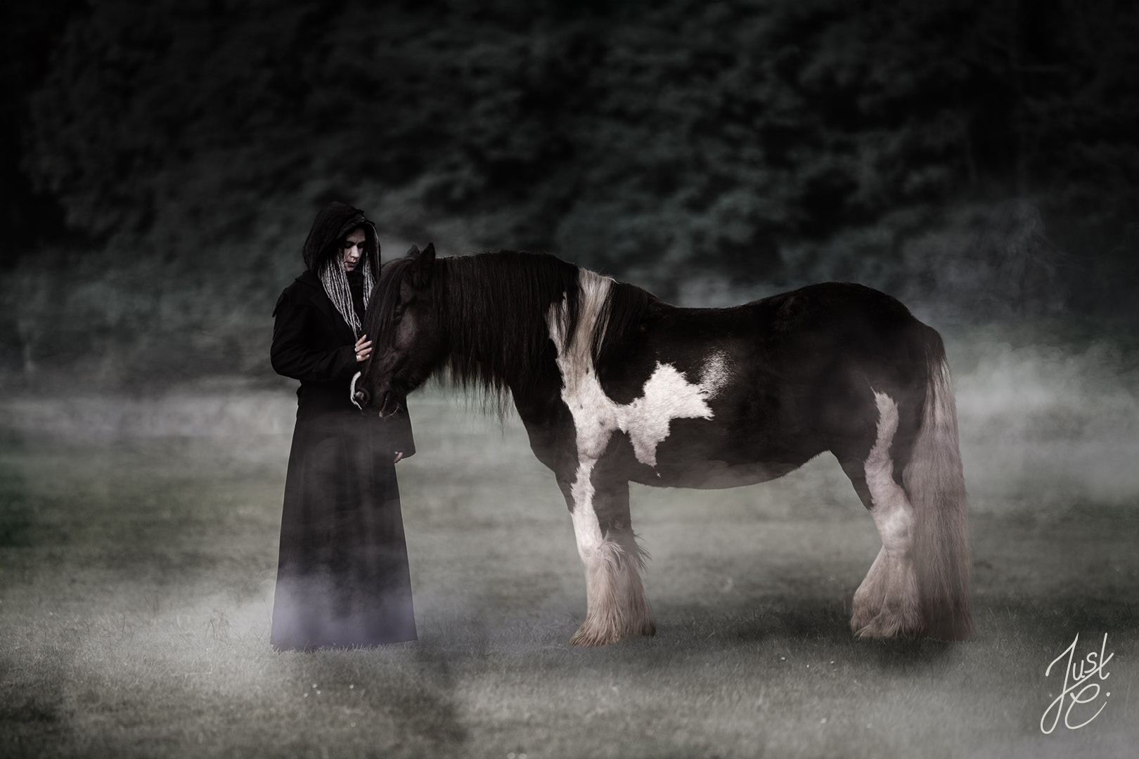 Hochwertig Bearbeitetes Bild mit liebe zum Detail einer Tinker Stute und ihre Besitzerin im düsteren Halloween look bei einem Portfolioshooting in Barnstorf, niedersachsen